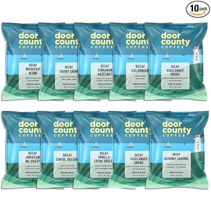Gourmet Flavored Decaf Coffee Sampler Pack - 10 Bags of Unique Flavored Coffees ??100% Specialty Grade 1 Arabica -1.5 oz Full-Pot Bags - Roasted by Door County Coffee