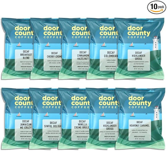 Gourmet Flavored Decaf Coffee Sampler Pack - 10 Bags of Unique Flavored Coffees ??100% Specialty Grade 1 Arabica -1.5 oz Full-Pot Bags - Roasted by Door County Coffee
