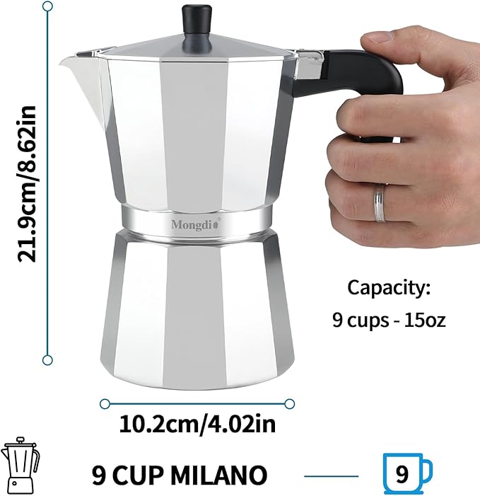 Mongdio Stovetop Espresso Maker Moka Pot, Stove Top Cuban Coffee Maker, Italian Greca Mocha Pot, 9 Espresso Cups, 15 oz - Silver