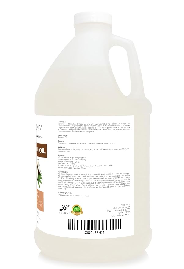 velona Coconut Oil 92 Degree 1 Gallon / 128 Fl Oz | 100% Pure and Natural Carrier Oil | in jar | Refined, Cold pressed | Skin, Face, Body, Hair Care | Use Today - Enjoy Results