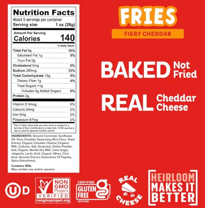 Heirloom Baked Fiery Cheddar Fries by Pipcorn - 5oz 6pk - Healthy Snacks, Gluten Free Snacks, Non-GMO, Upcycled Heirloom Corn Flour, Vegan, Baked Not Fried Snacks