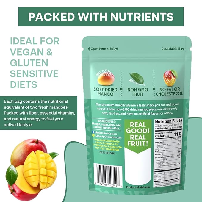 Liberty Orchard Organic Dried Mango - Naturally Sweet Fruit Snacks for Healthy Digestion & Busy Lifestyles - Sof Dried Two Fresh Mangos - Healthy Snack Ideal for Recipes & On-the-Go Energy - 5 Pack