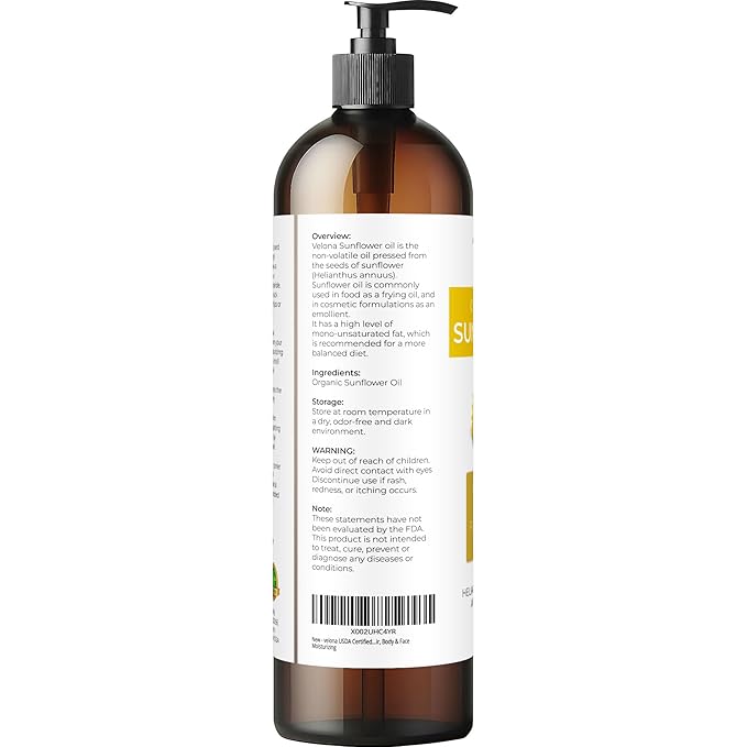 velona USDA Certified Organic Sunflower Oil - 8 Fl Oz | 100% Pure and Natural Carrier Oil | High Oleic, Refined| Cooking, Skin, Hair, Body & Face Moisturizing