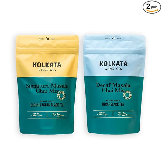 Kolkata Chai Signature Masala Chai & Decaf Masala Chai Tea, Assam Black Tea Combo Pack, Makes 40 cups, Premium loose leaf tea and spice blend, All Natural