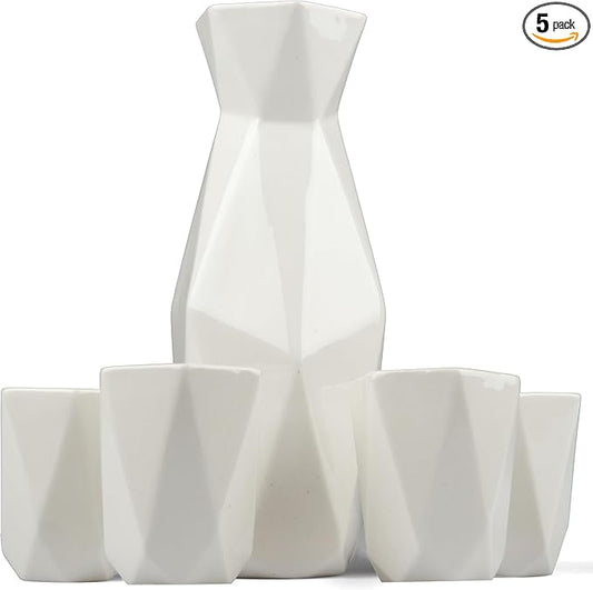 D'Eco 5 Piece Traditional Porcelain Japanese Sake Set, White - 1 Tokkuri Bottle (18 oz) and 4 Ochko Cups - Unique Modern Design - Great Gift Set for Weddings or Housewarmings