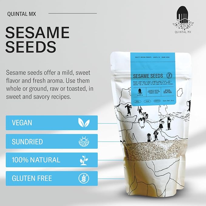Quintal Mx Premium Quality White Sesame Seeds - 100% Natural Mexican Sourced Sesame Seeds Whole - Ajonjoli Semillas - Gluten Free - Vegan - Non GMO - 6 Oz Resealable Bag