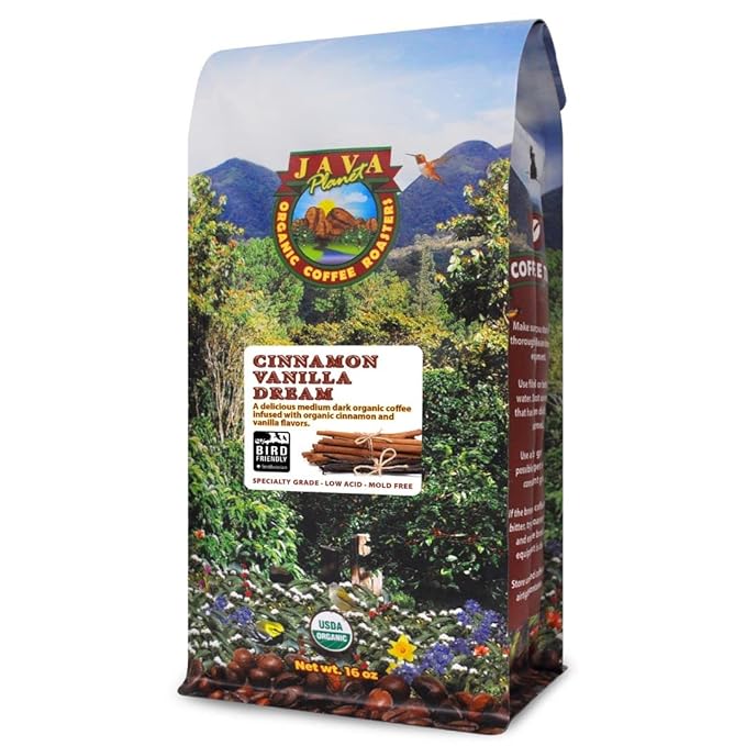 Low Acid Organic Coffee ??Whole Bean, Mold-Free & Stomach Friendly by Java Planet, Cinnamon and Vanilla, Medium Dark Roast, Arabica Gourmet Coffee Grade A, Smithsonian Bird Friendly, 1LB Bag