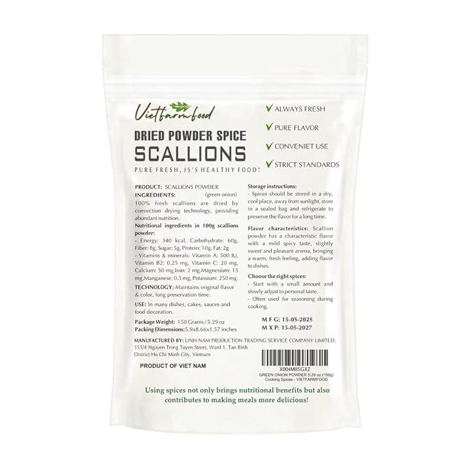 SCALLION POWDER 5.29 Oz (150g) VIETFARMFOOD: Pure, natural freeze-dried spice made from real vegetables and fruits - perfect for enhancing every meal, from cooking, baking, salads, soups, sauces