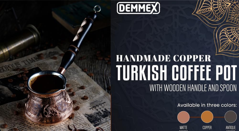 DEMMEX Copper Turkish Coffee Pot Cezve Ibrik Greek Coffee Briki Stovetop Coffee Maker with Wooden