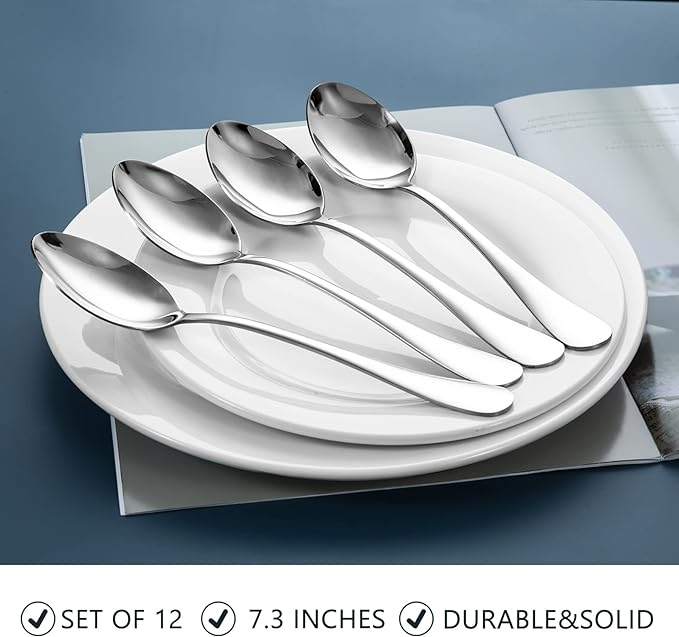 SANTUO Stainless Steel Dinner Spoon Set, 12 Piece 7.3" Silverware, Table Soup Spoons, Mirror Finish, Dishwasher Safe