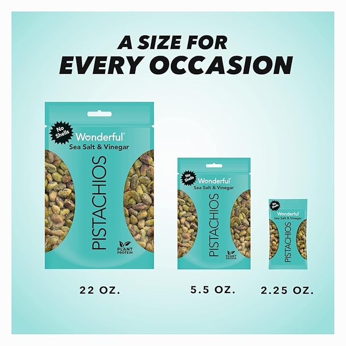 Wonderful Pistachios No Shells, Sea Salt & Vinegar Flavored Nuts, 2.25 Ounce Bag (Pack of 8), Protein Snacks, Gluten Free Snacks for Adults
