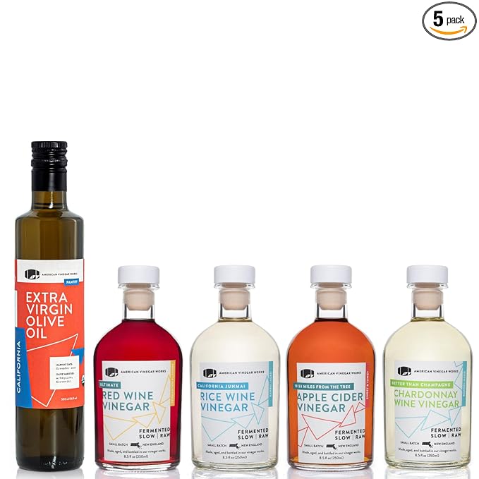 American Vinegar Works - Essential Kitchen Vinegars & Extra Virgin Olive Oil Gift Set - Includes Apple Cider, Red Wine, Rice Wine, and Chardonnay Wine Vinegars (8.5oz ea) with a EVOO (16.9oz)