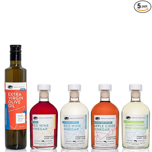 American Vinegar Works - Essential Kitchen Vinegars & Extra Virgin Olive Oil Gift Set - Includes Apple Cider, Red Wine, Rice Wine, and Chardonnay Wine Vinegars (8.5oz ea) with a EVOO (16.9oz)