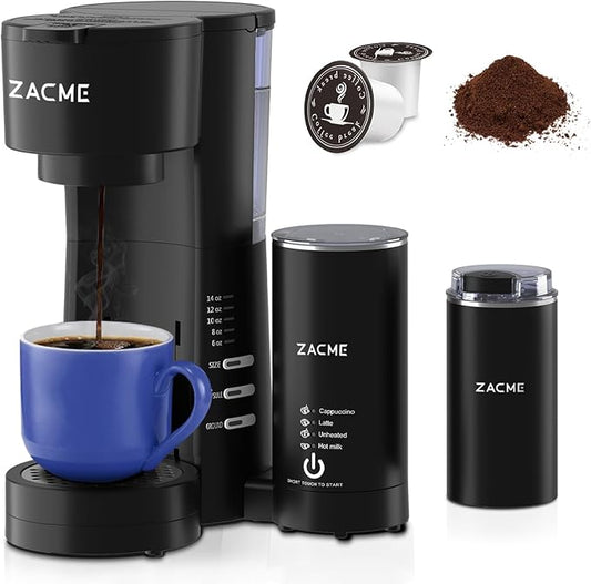 ZACME 4IN1 Single Serve Coffee Maker for K Cup &Ground, Small Coffee Machine with Milk Frother & Grinder, 5 Brew Size, 28oz Water Tank, Adjustable Drip Tray