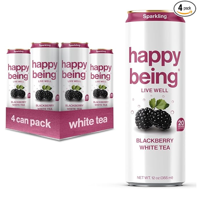 Happy Being Sparkling Nutrient-Rich Blackberry Citrus White Tea – Infused with Turmeric, Elderberry, Vitamin D3, Caffeine Free, Plant-Based, Low Calorie & Low Sugar Drinks, 12oz (4 Pack)