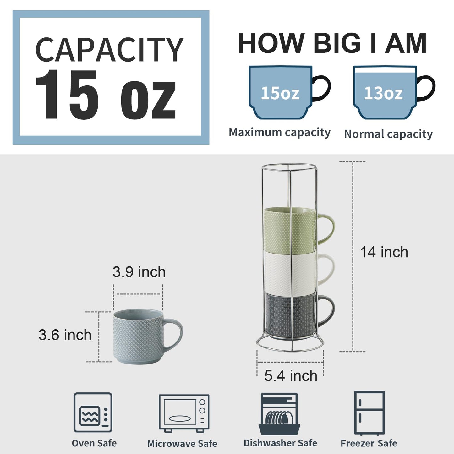 HASENSE Coffee Mugs with Metal Stand,15 oz Ceramic Stackable Mug Set Embossed Latte Cup, Ceramic