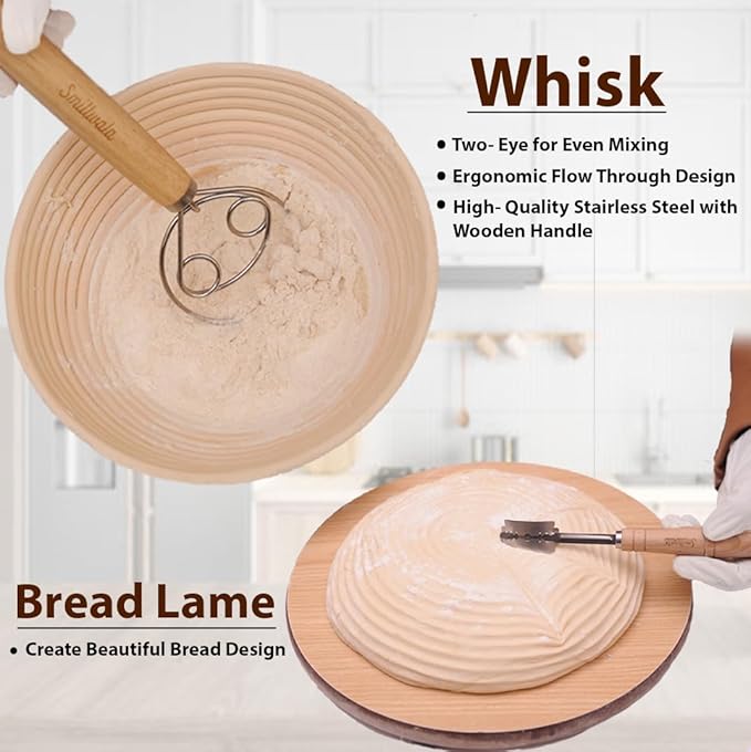 Round Banneton Bread Proofing Basket with Linen Liner, 9??Bread Basket with 6 Essential Bread Making Tools ??Natural Rattan Sourdough Banneton Basket Kit for Baking Enthusiasts
