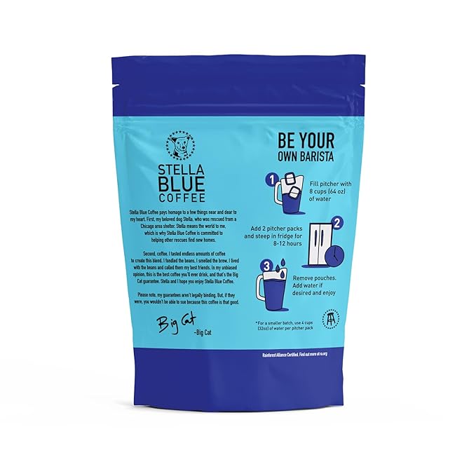 Stella Blue Cold Brew Coffee Packets, Electric Avenue Blend, Dark Roast Ground Coffee, Toffee, Dark Chocolate, and Subtle Smokey Notes, 100% Arabica, 6 Brew Packets, Makes 24 Bold Cups