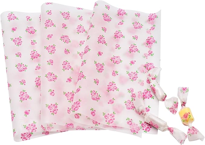 Wax Paper Sheets Food Colored Candy Baking Greaseproof Wrapping Paper For Christmas Rose Pattern (100Sheets)
