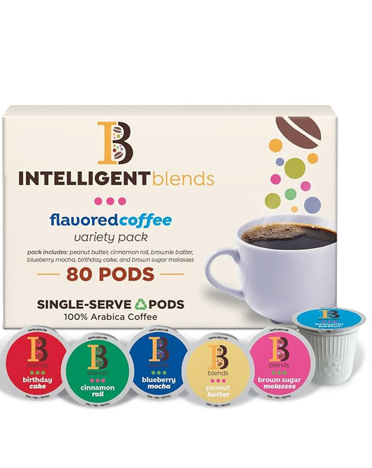 Intelligent Blends Flavored Coffee Pods Variety Pack, 80 ct, 6 Assorted Flavors, Recyclable Single Serve Pods – 100% Arabica Coffee, Compatible with Keurig K Cups Maker