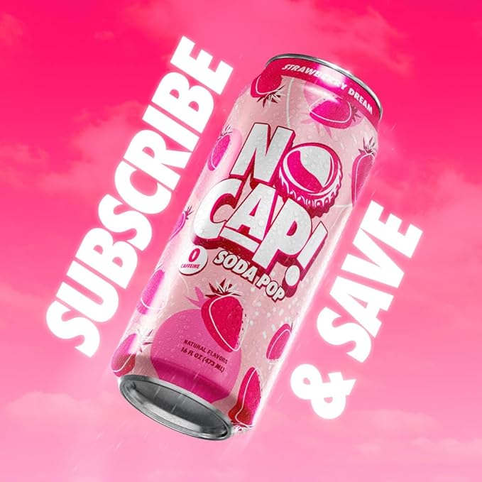 No Cap! Healthy Soda Drinks For Kids, Teenagers & Adults, Natural Flavors, Zero Sugar, Zero Calories, Caffeine Free,16 Oz Cans, (12 Pack) Strawberry Dream