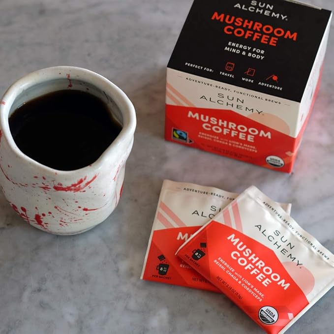 Sun Alchemy Mushroom Coffee, Energize with Organic Fair-Trade Coffee, Lion’s Mane, Reishi, Chaga & Cordyceps Mushrooms - 12 Sachets