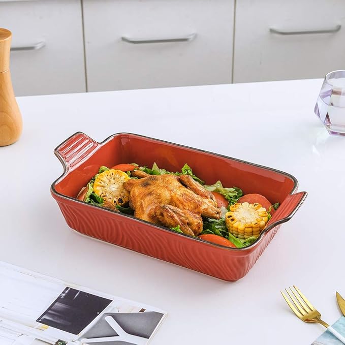 KOOV Bakeware Set, Ceramic Baking Dish Set, Rectangular Casserole Dish Set, Lasagna Pans for Cooking, Cake Dinner, Kitchen, 9 x 13 Inches, Texture Series 3-Piece (3 Piece, White)