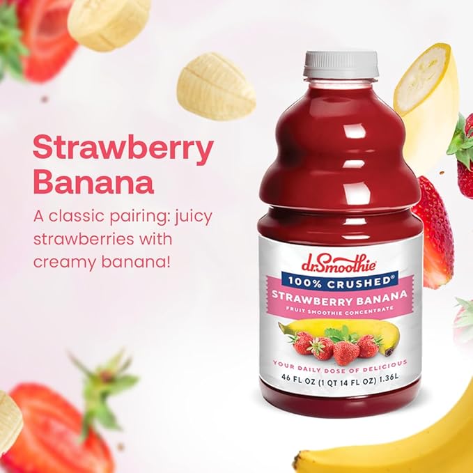 Dr. Smoothie 100% Crushed Strawberry Banana ??No Added Sugar, Made with Real Fruits/Fruit Juice ??Vegan, No Artificial Colors or Flavors ??Juicy Strawberries & Creamy Banana ??46 oz Bottle