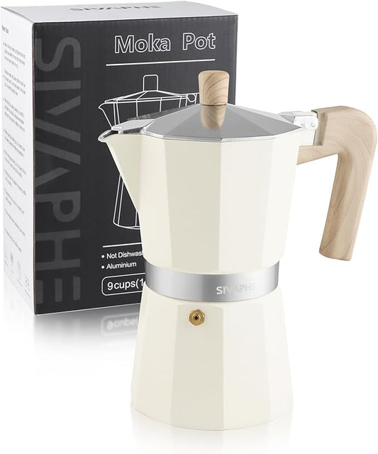 Sivaphe Aluminum Moka Pot 9 Espresso Cups, Percolator Espresso and Coffee Maker, Portable Stovetop Italian and Cuban Café Brewer for Home and Camping White