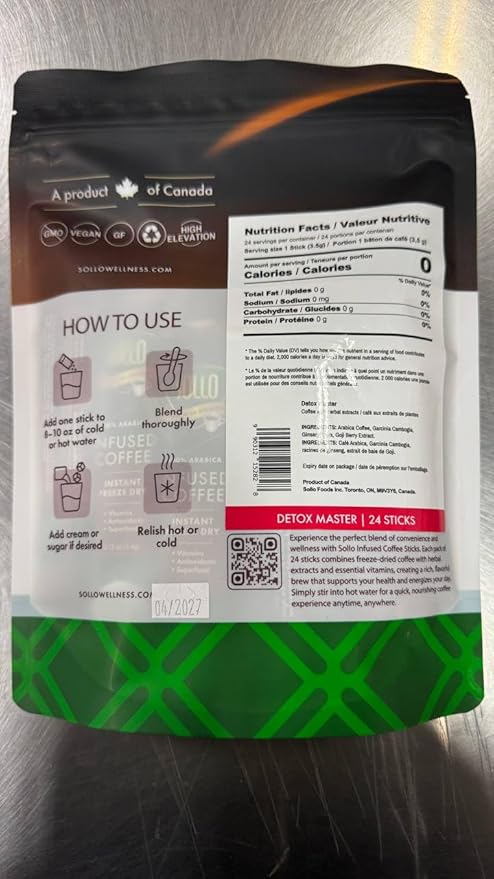 Sollo Detox Infused Instant Coffee Sticks (24 Servings) Weight Loss, Healthy Body Support, Slim, Medium Roast, 100% Arabica & Freeze Dried Coffee in Single Serve Sticks.