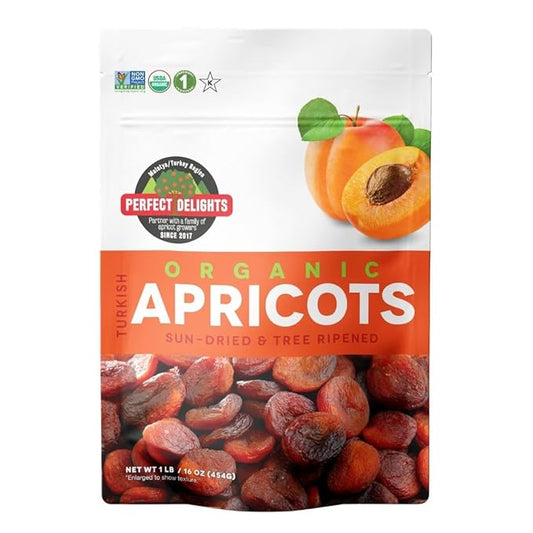 Perfect Delights Sun-Dried Organic Turkish Apricots, Vegan & Healthy Fruit Snack for Kids and Adults - Single Pack (16 oz)