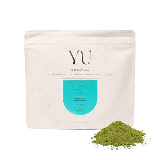 Yu Tea Decaf Organic Sencha Green Tea Powder | Rich in Antioxidants, EGCG, & L-Theanine | Pure Japanese First Harvest Leaf | Caffeine-Free & Unsweetened | Resealable Pouch, 2.65 oz, 100 Servings