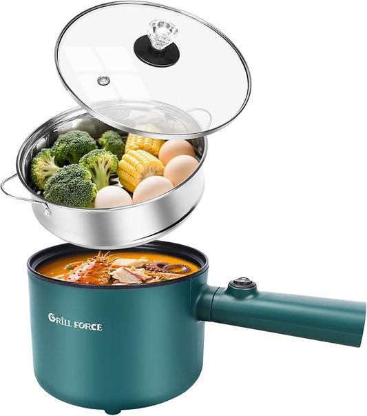 Electric Hot Pot with Steamer, 1.8L Ramen Cooker, Portable Cooking Pot Non-Stick Saut챕 Pan, Electric Pot for Pasta, Egg, Steak, BPA Free,Dual Power Control, Suit Dorm Room, Travel,RV,Hotel