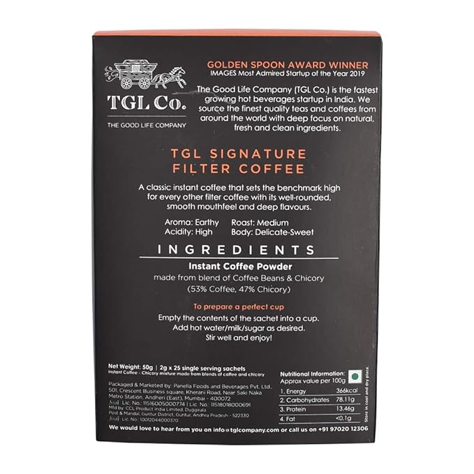TGL Co. Signature Instant Filter Coffee Sticks (25 Sachets | Pack of 1) |Travel Friendly | Medium Roast-Chicory Blend Strong Coffee | No Artificial Flavour - 50 gm / 1.76oz