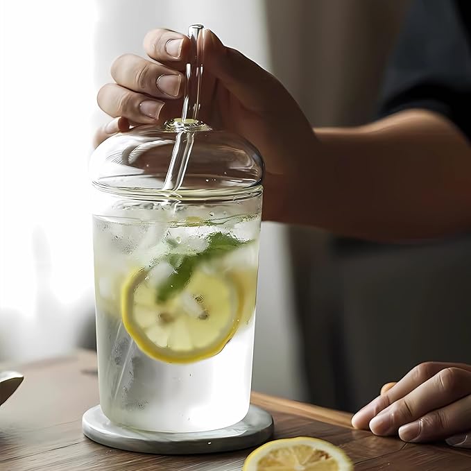 16oz Glass Cup with Glass Lid & Straw - Drinking Glasses for Iced Coffee, Bubble Tea, Matcha, Smoothie, Soda, Water - BPA-Free Glassware with Cleaning Brush, Dishwasher Safe