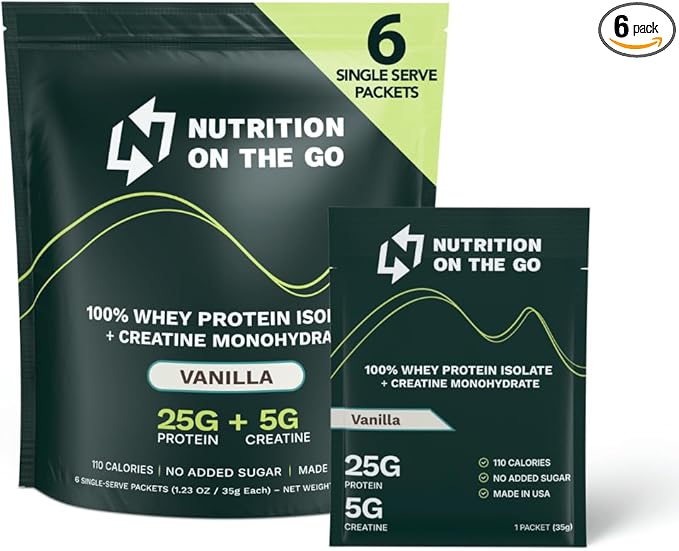 Travel Whey Protein Isolate Packets ??Single-Serve Protein Powder ??25g Protein + 5g Creatine ??Vanilla (6-Pack)