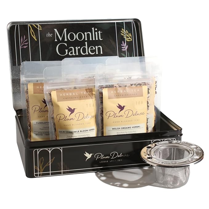 Moonlit Garden Collection Assorted Herbal Tea Gift Set - Hand-Crafted Loose Leaf Teas, Presentation Gift Box with Loose Leaf Steeper Included, Sleepytime Tea - 5 Unique and Flavorful Teas, 75+ Cups