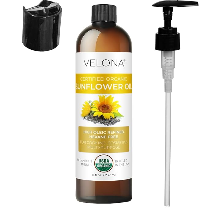 velona USDA Certified Organic Sunflower Oil - 8 Fl Oz | 100% Pure and Natural Carrier Oil | High Oleic, Refined| Cooking, Skin, Hair, Body & Face Moisturizing