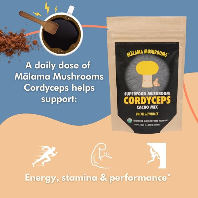Malama Organic Mushroom Hot Cacao Mix, Cordyceps Mushroom Powder with Fair Trade Cacao, Supports Energy & Immune Health ??Vegan Supplement & Superfood, Non GMO, 3.5 oz (50 Servings)