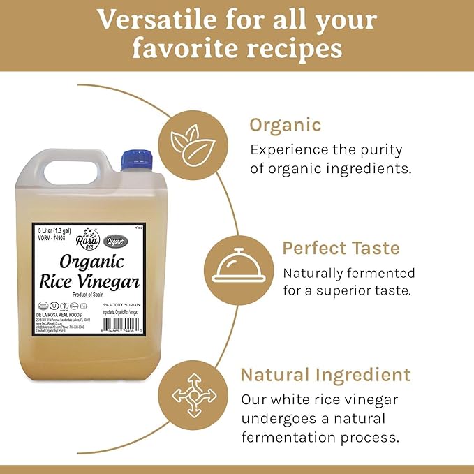 De La Rosa Organic Rice Vinegar 5% Acidity, Kosher, Rice Vinegar for Cooking, Sushi, Salad Dressings and More | Sugar-Free Rice Vinegar - 5 Liter (Pack of 1)