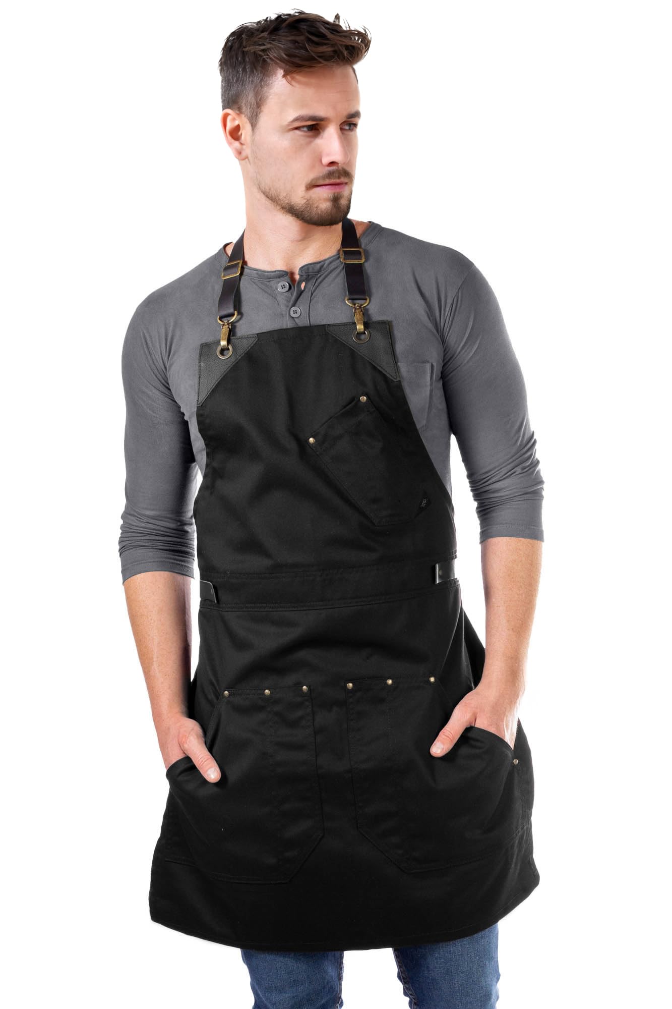 Under NY Sky Barista Apron, Detachable Leather Straps, Riveted - Black