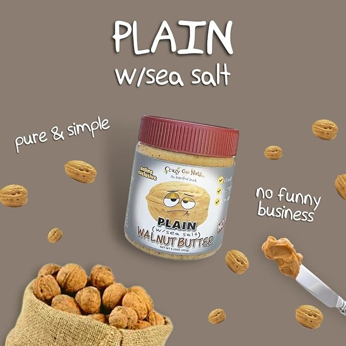 Crazy Go Nuts Walnut Butter Plain with Sea Salt - Walnut Spread, Keto, Vegan, Low Carb, Gluten Free, Superfood-Natural, Non-GMO, ALA, Omega 3 Fatty Acids, Good Fats and Antioxidants - 9.25 Oz, 3-Pack