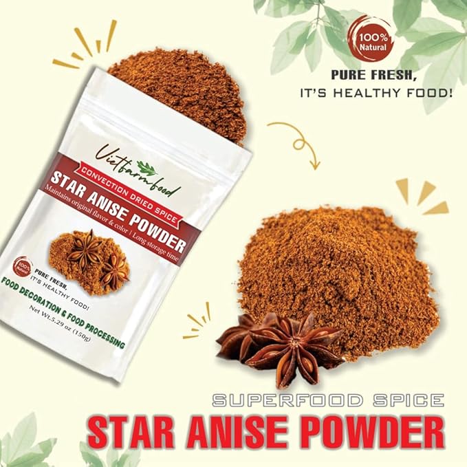 STAR ANISE POWDER 5.29 Oz (150g) VIETFARMFOOD: Natural pure, convection dried seasoning made from real vegetables - perfect for adding flavor to any meal, from cooking, baking, salads, soups, sauces
