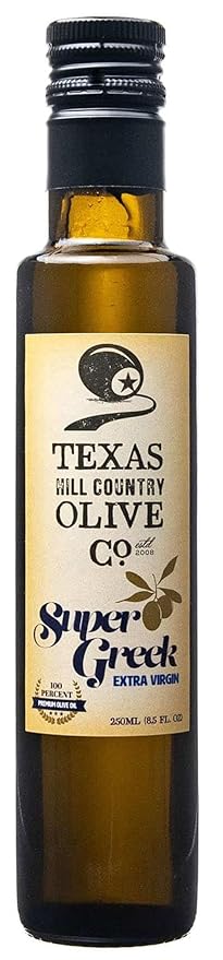 Texas Hill Country Olive Co Super Greek Extra Virgin Olive Oil - Cold Pressed EVOO Gourmet Olive Oil - Rich & Fruity - Perfect for Finishing & Dressing - Award Winning & Made in Texas (8.5 Fl Oz)
