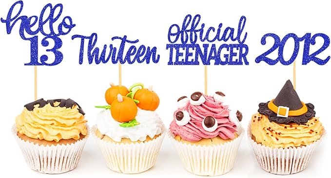24Pcs Glitter 13th Birthday Cupcake Toppers, Hello 13th Birthday Cake Topper- 13th Birthday Decorations for Celebrating Official Teenager Thirteen Years Old Birthday Party Supplies (Blue)