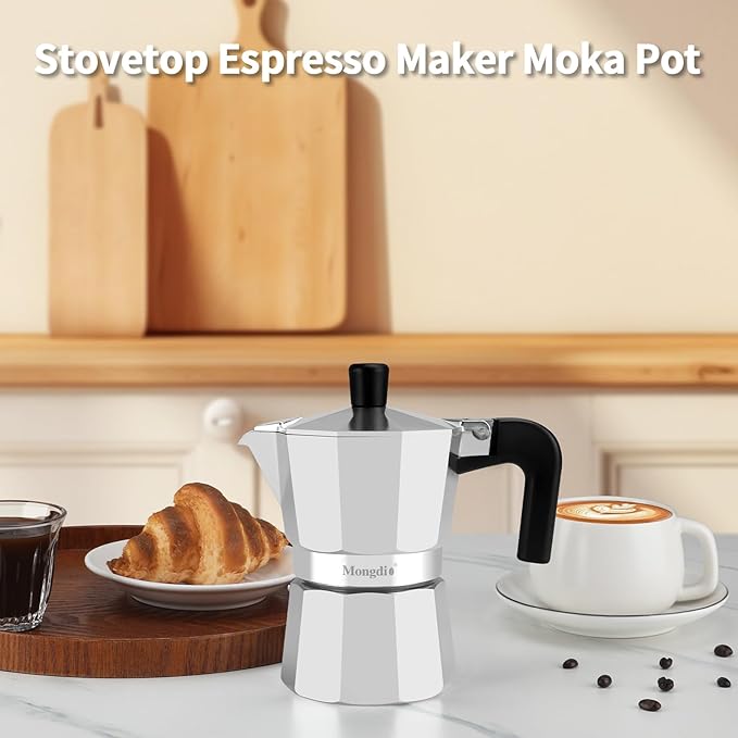 Mongdio Stovetop Espresso Maker Moka Pot, Stove Top Cuban Coffee Maker, Italian Greca Mocha Pot, 3 Espresso Cups, 5 oz - Silver