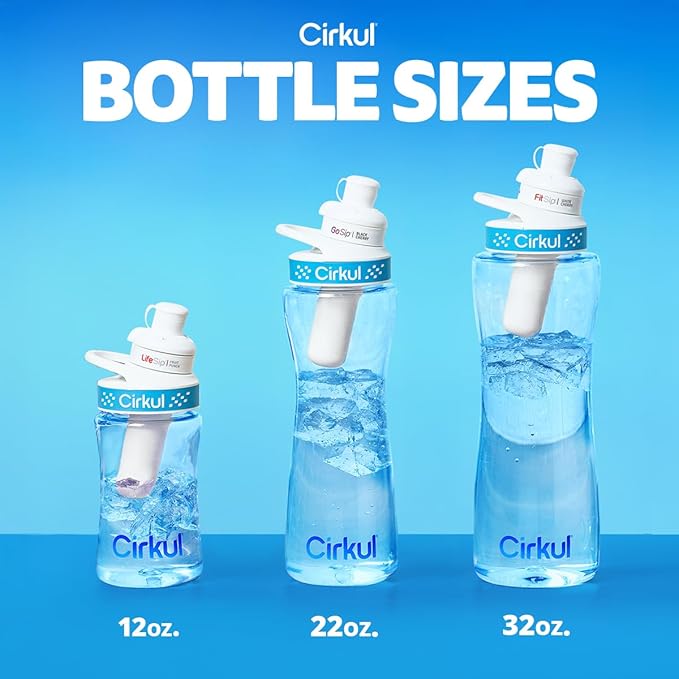 Cirkul 12oz. BPA-Free Plastic Water Bottle Starter Kit for Kids with Blue Lid, 2 Flavor Cartridges (1 LifeSip Fruit Punch, 1 FitSip Mixed Berry), No Sugar, Zero Calorie Drink Mix
