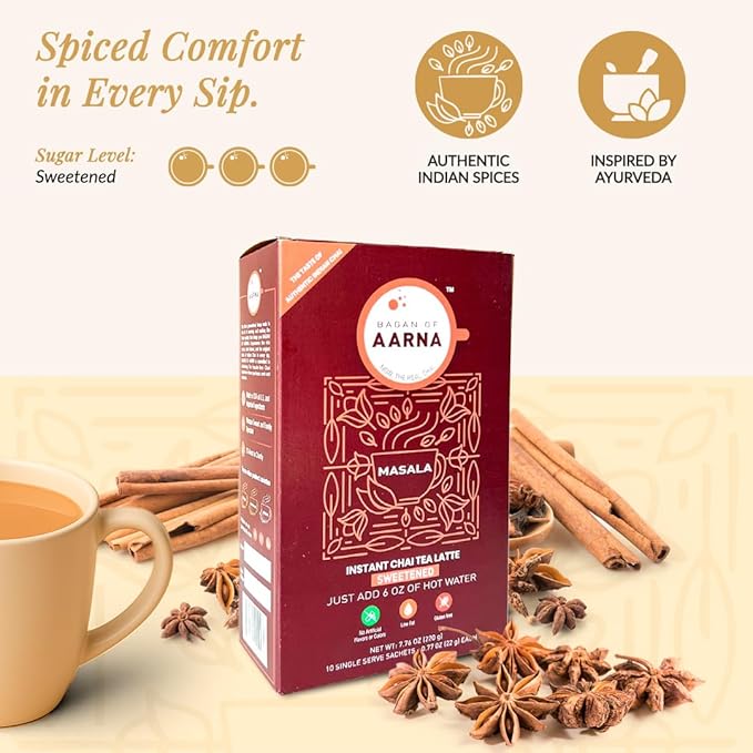 Bagan of Aarna Instant Masala Chai, Tea Powder Mix, Spiced Tea, All Natural Chai Tea, Authentic Chai Mix, Masala Spiced Chai Powder With Natural Flavour, Makes 10 Cups (Masala Sweetened)