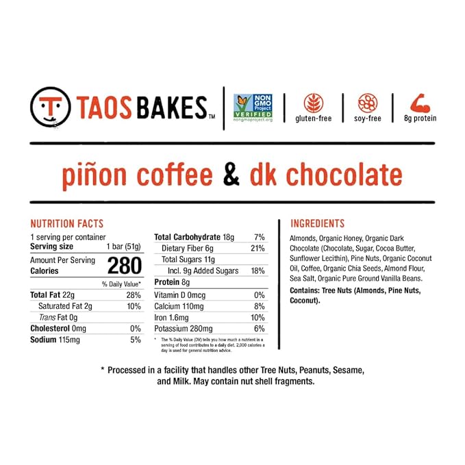 Taos Bakes Snack Bars - Piñon Coffee + Dark Chocolate - Gluten Free, Non-GMO Healthy Granola Bars - Nutritious & Delicious Baked Bars - 1.8oz