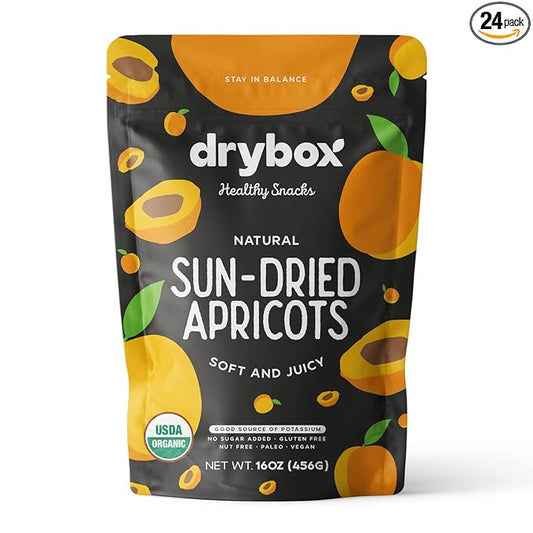 Drybox Organic Sun Dried Turkish Apricots, 24 Packs Unsulfured Unsweetened Apricots for Snacking, No Sugar Added Non-GMO, 2 oz per pack | 24 Snack Packs, Family Size